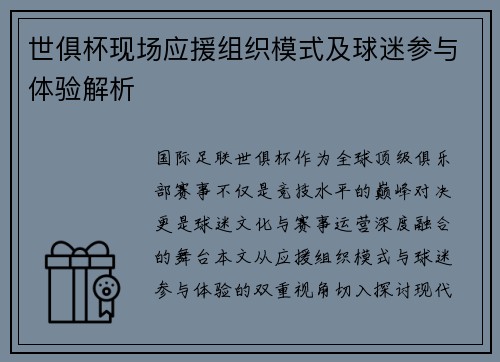 世俱杯现场应援组织模式及球迷参与体验解析