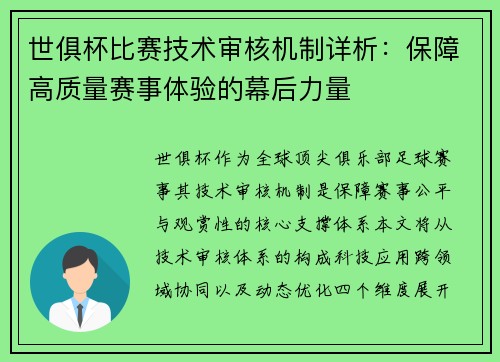 世俱杯比赛技术审核机制详析：保障高质量赛事体验的幕后力量