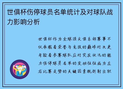 世俱杯伤停球员名单统计及对球队战力影响分析