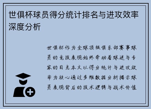 世俱杯球员得分统计排名与进攻效率深度分析