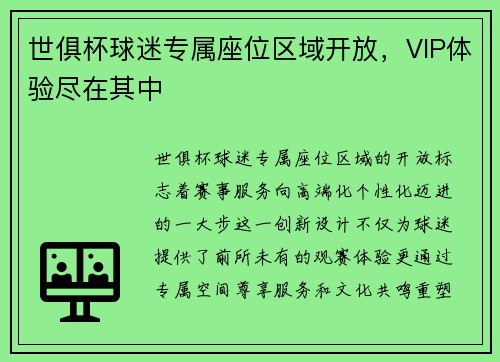 世俱杯球迷专属座位区域开放，VIP体验尽在其中